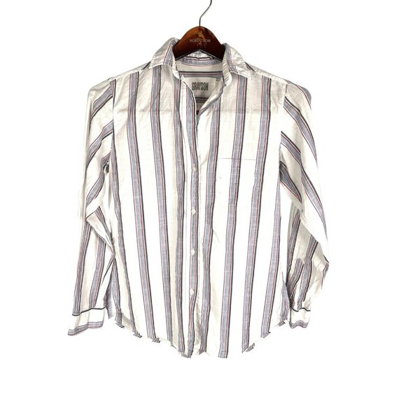 GRAYSON Women's White Multi-Stripe V-Neck The Hero Button Front Blouse 02 Small - Picture 1 of 6